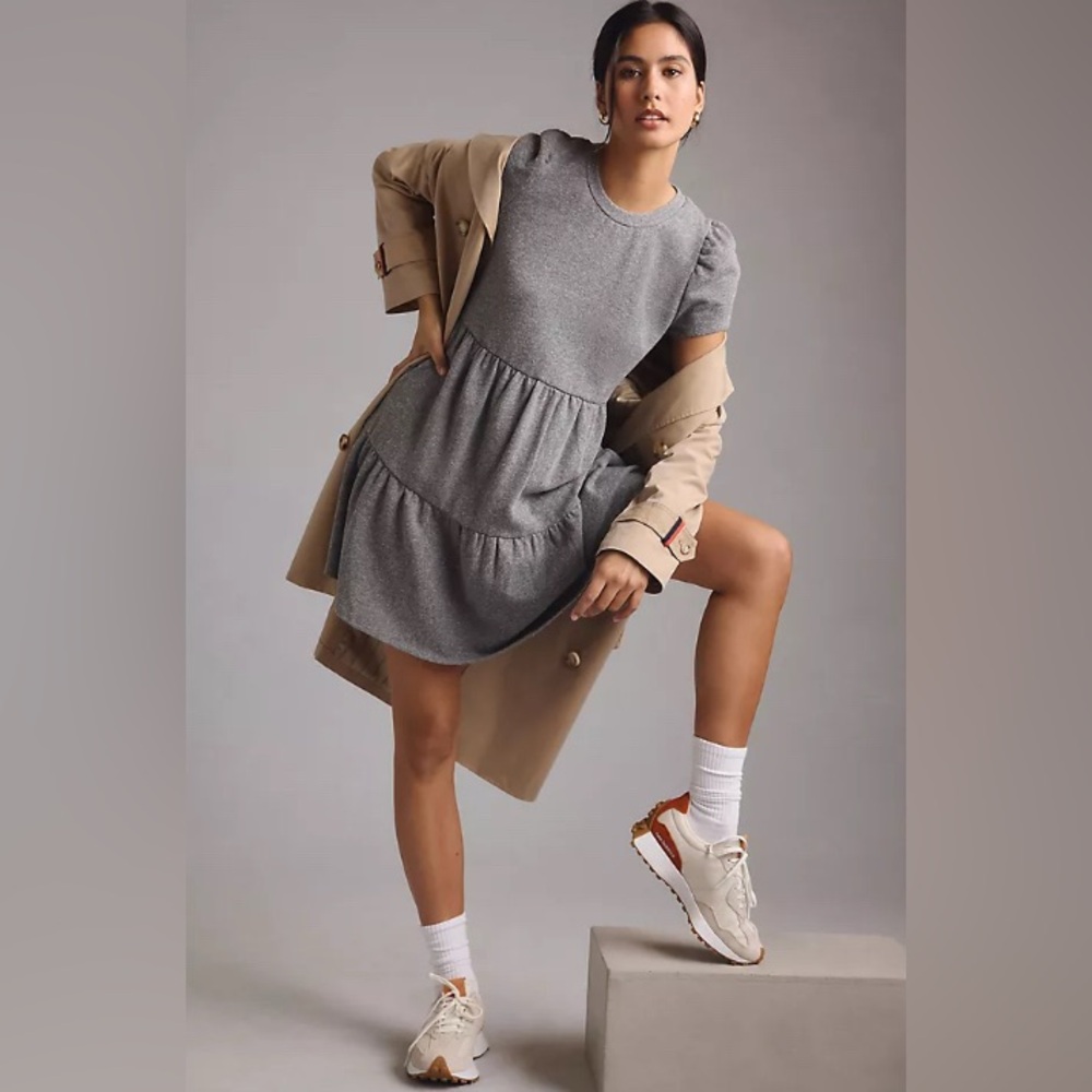 NWT!!! Anthropologie T.La Heather Grey Puff Short Sleeve Tiered Mini Dress